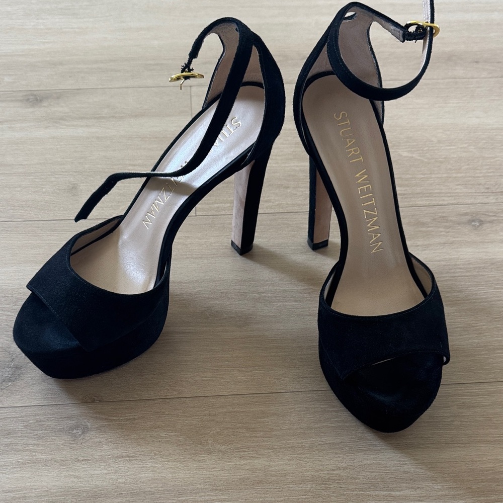 Stuart Weitzman Black Suede Platform Ankle-Strap Heels